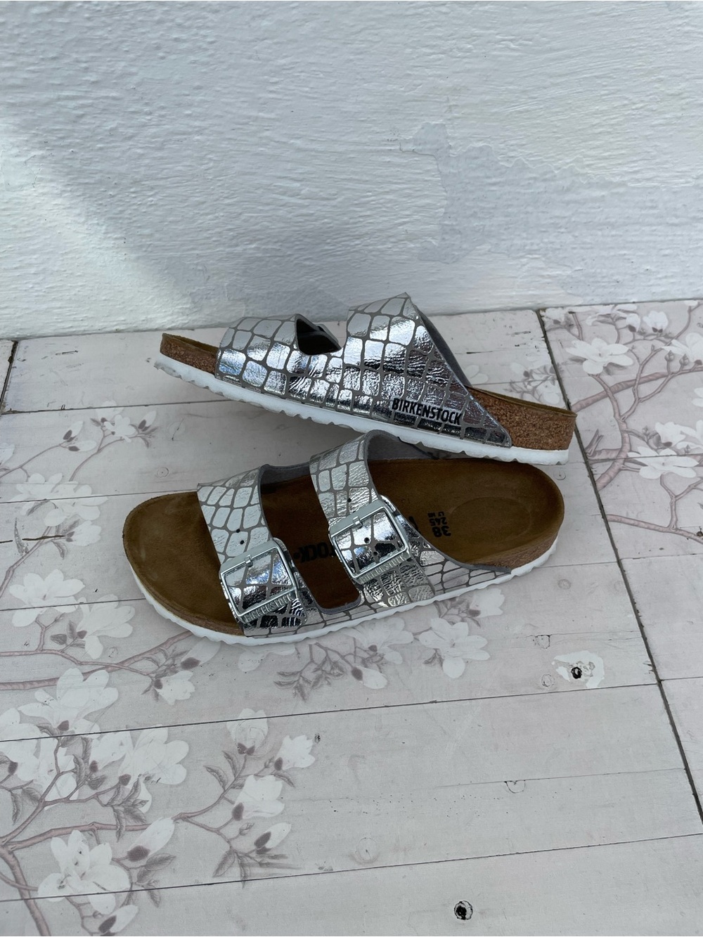 Birkenstock Silver Croc-Embossed Two-Buckle Sandals